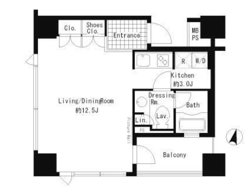 パークアクシス渋谷神南　礼金０　楽器相談　南西角部屋の間取り
