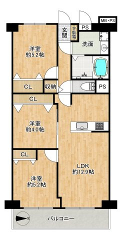 カネボウ新大阪第2グリーンマンションの間取り|◆専有面積：61.60㎡、3LDK、LDKは約12.9帖！