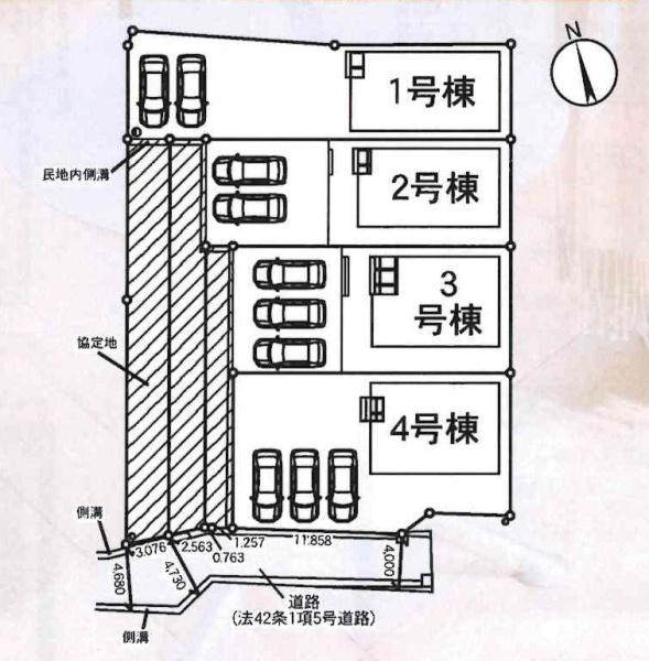 豊田市堤町第3　全4棟・1号棟の区画図|1号棟です。