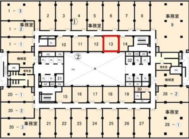 区分売り事務所　大阪駅前第２ビル　13階の区画図