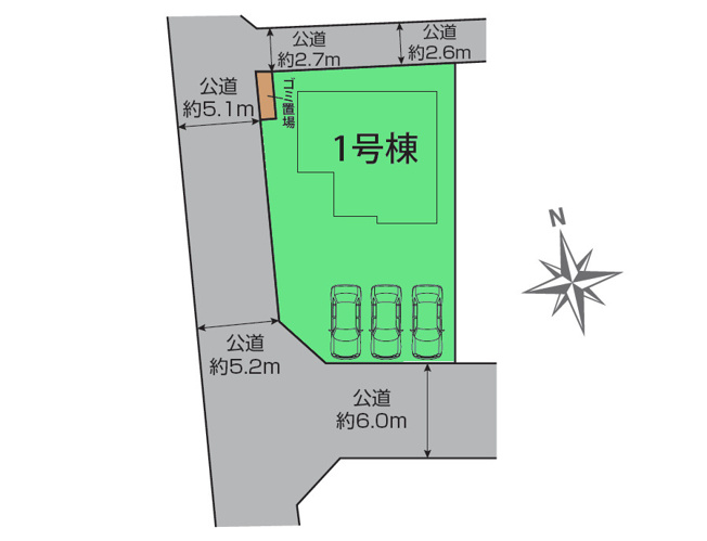 【区画図】 | ブルーミングガーデン前橋市江田町ー① | 開放的な3方角地！カースペースは並列3台駐車可能！