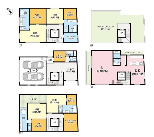 南青山７　土地の区画図|☆参考プラン☆
B1F　116.14㎡
1F　110.84㎡
2F　123.80㎡
3F　106.56㎡
RF　15.49㎡
延床面積473.10㎡