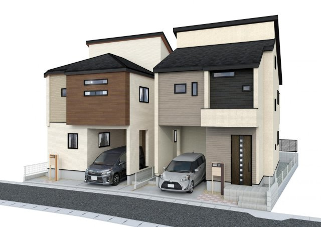 【ブルーミングガーデン2号棟】福岡市早良区飯倉３丁目　新築戸建の外観パース|完成予想図（外観）左2号棟・右1号棟