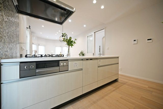 西宮市南甲子園3丁目新築未入居戸建│3SLDK+駐車2台可(車種制限有)のキッチン|1階キッチン奥側から撮影した写真です浄水器一体型水栓、食器洗い乾燥機などの充実した設備内容です。