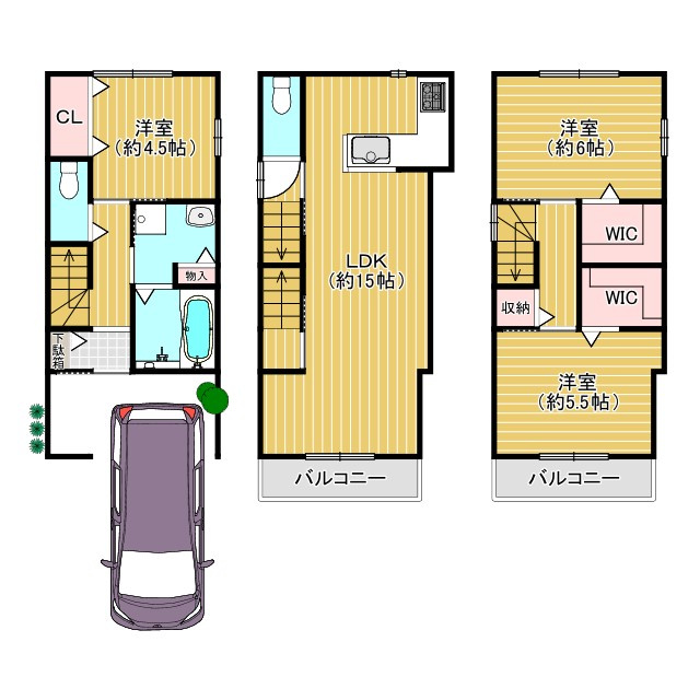 向日市物集女町燈篭前の間取り|2階リビングの三階建3LDK！
プライベート空間がしっかり守られた間取りとなっております！