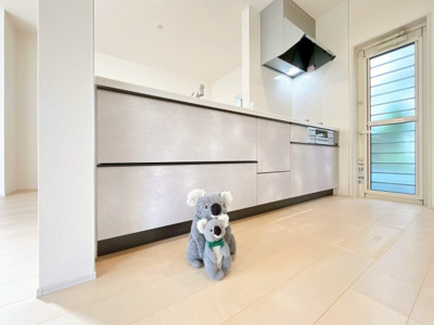 【キッチン】 | 前橋市北代田町　新築住宅 | 広々としたシステムキッチン。勝手口を設けているので、ゴミ出しや荷物の受け取り換気など。細かな‟便利”を叶えてくれる暮らしに寄り添うスペースです。