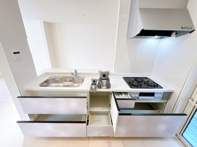 【キッチン】 | 前橋市北代田町　新築住宅 | 広々としたシステムキッチン。
収納たっぷりで調理器具も調味料もまとめて収納できます。