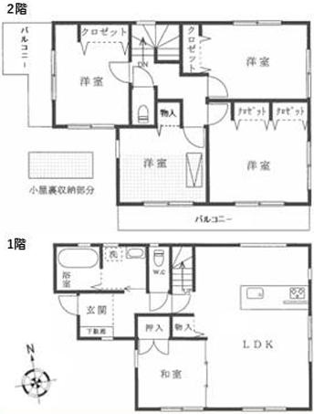 八王子市　石川町　中古戸建ての間取り|～南向き5LDK　南側・西側にバルコニーあり、陽当たり・風通しの良い間取り～