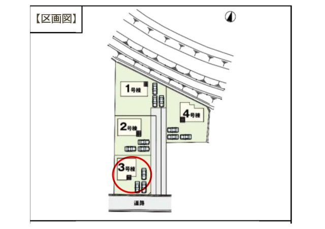 アーバンスタイル渋川市八木原１期　３号棟の区画図|駐車場３台ご用意しています！来客時も重宝します♪
前面道路も広いので車の出し入れもしやすいですよ！