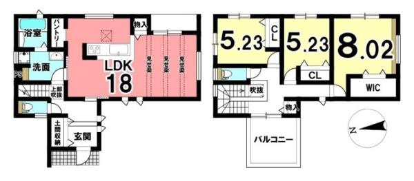 桜井市谷 １号地 ／新築一戸建の間取り|■広々したＬＤＫ約１８帖・３ＬＤＫの間取り！大容量の収納など、ご家族のお住まいにピッタリです！