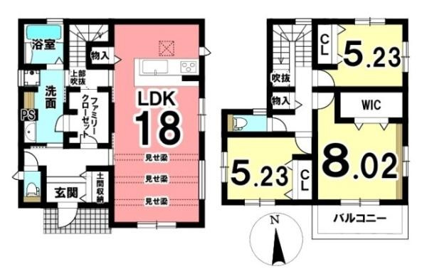 桜井市谷 ２号地 ／新築一戸建の間取り|■広々したＬＤＫ約１８帖・３ＬＤＫの間取り！大容量の収納など、ご家族のお住まいにピッタリです！