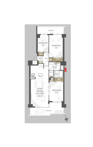 ベルヴィル大宮B棟の間取り|ベルヴィル大宮B棟、3LDK、専有面積74.03m2、バルコニー面積17.57m2