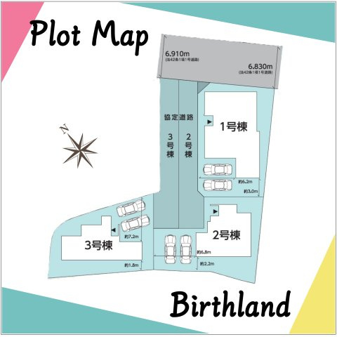 福島市八島田字台畑【地震に強いオール電化】野田小・野田中の区画図|＜2号棟＞カースペース並列2台　※地役権設定（協定道路有り）