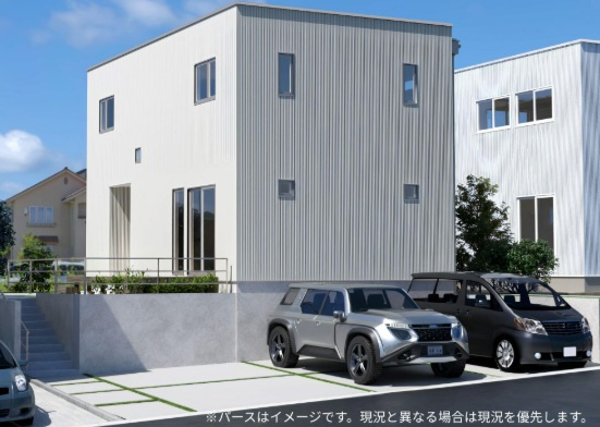 山形市みはらしの丘2丁目　新築の外観パース|外構も付いており初期費用を抑えられます！プライベートガーデンは人工芝、デッキもありBBQ・お子様やペットと遊んだりと様々な使い方ができます。駐車場は３台可。
