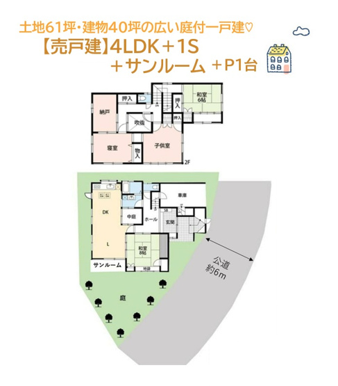 【間取り】 | 充実の余暇が過ごせる土地61坪・建物40坪の広い南庭付き一戸建て！
全室南向きで陽当り・風通り良く、プライバシーが確保できる（南・東）準角地◎
平坦で高低差なく、暮らしやすい居住空間が実現できますよ♪