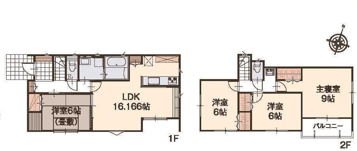 宇都宮市岩曽24-P1　2号棟の間取り|2Fにも洗面所があり忙しい朝も便利。キッチンにはカッブポードやパントリーがありますのでたくさん収納可能です。駐車は並列で2台可能です。