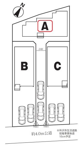 所沢市若狭4丁目・全3棟　新築一戸建　A号棟　～IDS工法～の区画図|【全3棟・A区画】カースペース縦列2台。