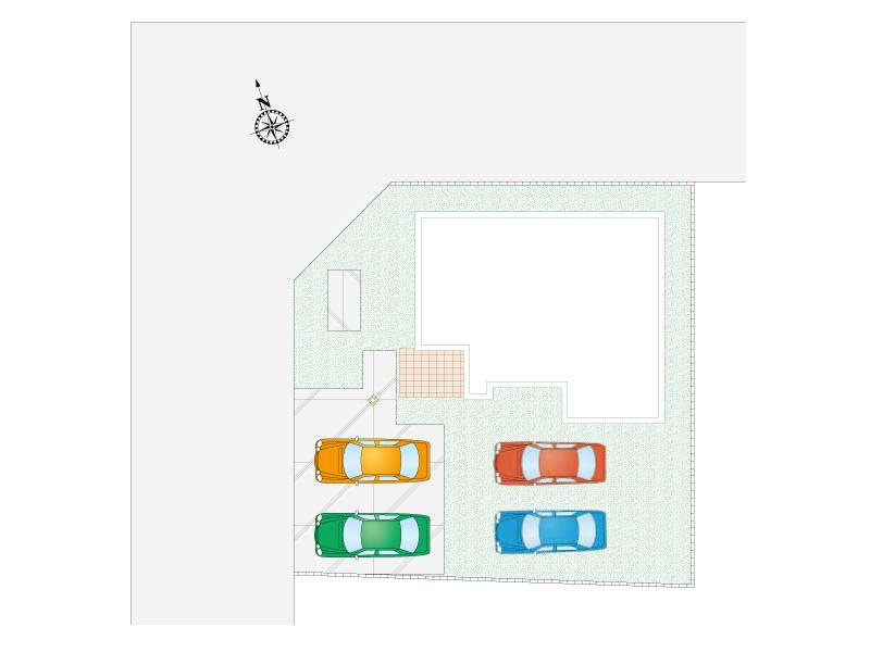 北西角地の見通しの良い区画。駐車4台可能のゆとりある敷地で、お子様のプールやガーデニングなどのお庭としても活用できます。