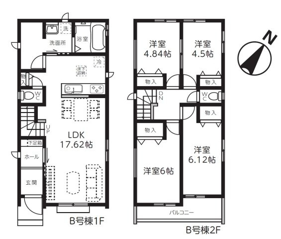 所沢市若狭4丁目・全3棟　新築一戸建　B号棟　～IDS工法～の間取り|【全3棟・B区画】リビング階段！2階4洋室、4LDKの間取りです。