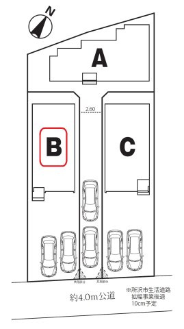 所沢市若狭4丁目・全3棟　新築一戸建　B号棟　～IDS工法～の区画図|【全3棟・B区画】カースペース並列2台。
