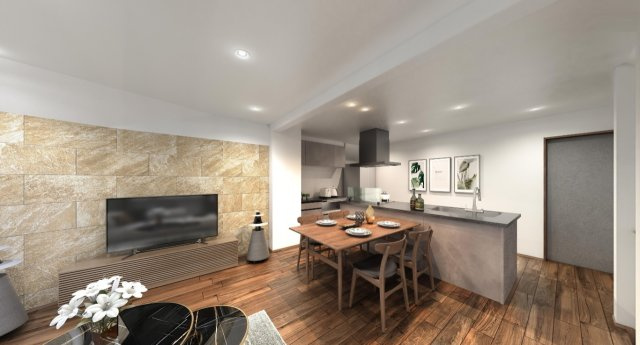 練馬区氷川台4丁目 全2棟 A号棟の完成予想図|―A号棟　約20.0帖LDK―
開放感溢れるプレミアムな大空間
スタイリッシュで高機能
(イラストは図面を基に起こしたもので実際のものとは多少異なる場合がございます)