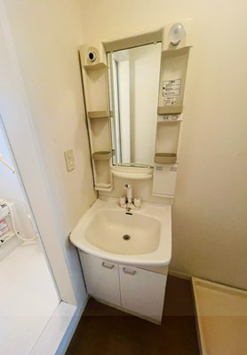 羽犬塚ガーデンハイツ Ⅱの独立洗面台|独立洗面台、小物を置くことができて便利です