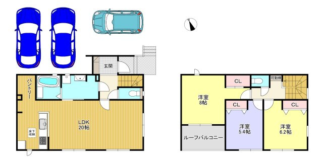 新築戸建　成田本城25-1期　1号棟の間取り|広々20帖あるリビングは、家族の団欒の場となります