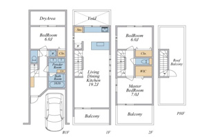 【参考プラン】 | A区画建物プラン（建物112.50平米）
LDK19.2帖+ルーフバルコニー+車庫付3LDKプラン