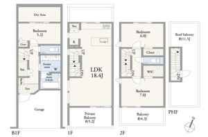 【間取り】 | A号棟間取プラン（建物111.10平米）
LDK18.4帖+ルーフバルコニー+車庫付3LDKプラン