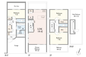 【間取り】 | A号棟間取プラン（建物111.10平米）
LDK18.4帖+ルーフバルコニー+車庫付3LDKプラン