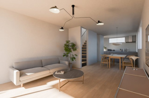 【完成予想図】 | A区画建物プラン（建物112.50平米）
LDK19.2帖+ルーフバルコニー+車庫付3LDKプラン