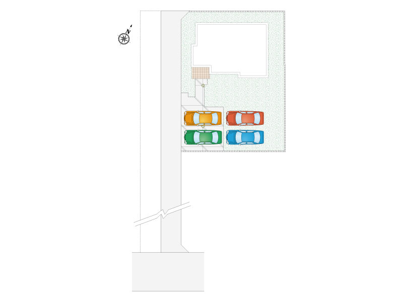 【2号棟:区画図】車4台駐車可能。広々とした駐車スペースで、ご家族の増車や来客にも便利です。