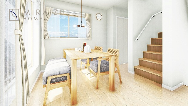 【完成予想図】 | 青く澄み渡った綺麗な空と、陽の光をたっぷりと受ける、そんな新築住宅で新生活をスタートしてみませんか？見学・ご相談等、ミライズホーム(株)までお気軽にご連絡下さい♪

