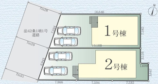 【区画図】 | 南区麻溝台8丁目  2号棟 1期 | 2号棟　西側約7.2～約7.3ｍ公道　駐車並列2台（車種によります）　敷地面積42.5坪