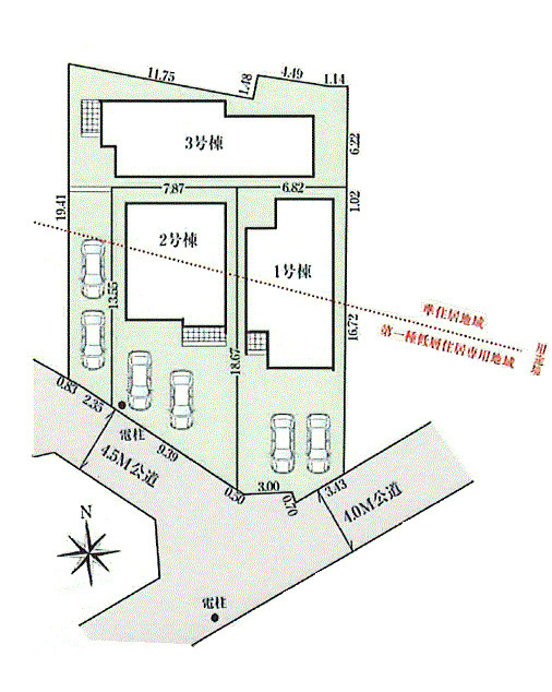 昭島市宮沢町3丁目　新築戸建全3棟の区画図