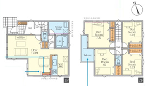 【間取り】 | 茅ヶ崎市南湖5丁目  1号棟 4期 | 4LDK　都市ガス　網戸標準仕様　二部屋から行き来できるバルコニー　食洗機・浄水器　浴室乾燥機+窓　全居室収納　全室2面採光　外シャワー　LDK19.2帖