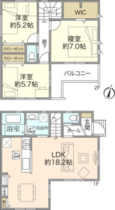 【間取】
LDK１８．２帖。収納豊富な間取で居住空間をゆったり利用頂けます。２階７帖のお部屋はWIC付で主寝室にいかがですか。