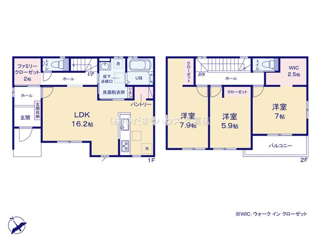 ワイウッドコート加須市南篠崎第３期　新築一戸建て　02の間取り|ファミリーCL、WIC、パントリーなど収納豊富な間取りです♪