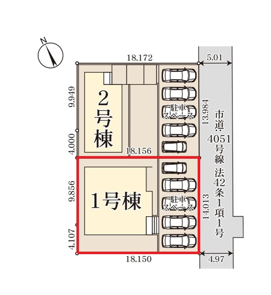 リーブルガーデン  北茨城市平潟町　1期　1の区画図|南東側道路、幅4.9ｍ。来客も安心のゆとりある駐車スペース！
