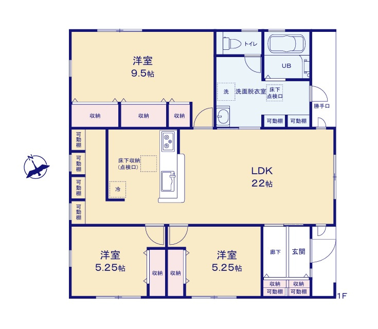 リーブルガーデン  北茨城市平潟町　1期　1の間取り|　
☆各部屋を最大限に広く使って頂けるよう、全居室に大容量の収納スペース付き。水まわりを中心に家事動線がコンパクト、段差のないオールフローリングです！