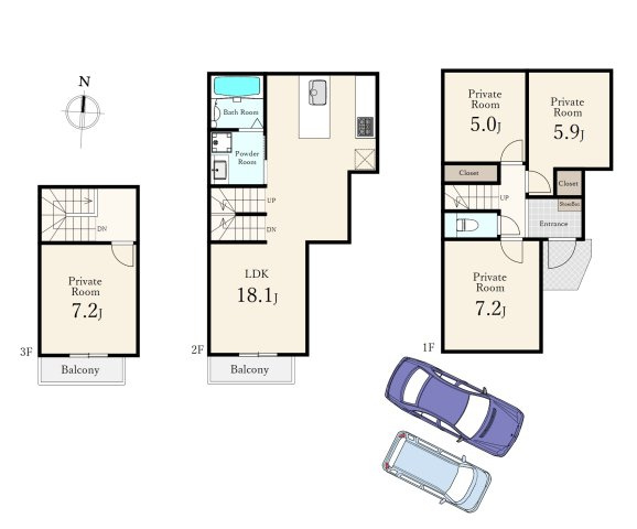 中野区江原町1丁目 限定1区画の参考プラン|3階建建物参考プラン
建物面積96.05㎡　建物参考価格2800万円
土地ご購入の際のご参考にされてください♪