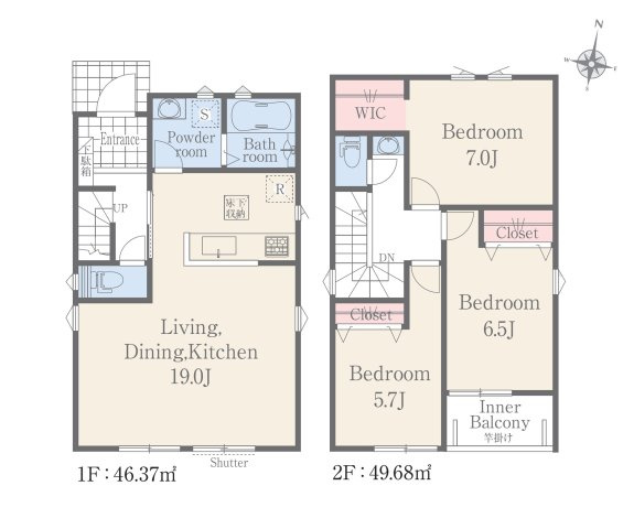 熊本市北区八景水谷3丁目第1-3棟（1号棟）の間取り|全居室収納付きで便利です。