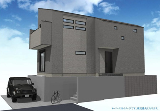 【外観パース】 | 5号棟パース：本パースは、イメージ図につき、風景、建物、植栽などについては施工後の現物との差異が生じます
つきまして本パースによって生じたいかなる損害については一切責任を負いません