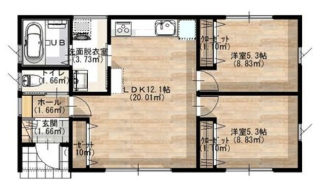 【間取り】 | 新築分譲住宅　東根市羽入　全1棟 | 価格1930万円、2LDK、土地面積194.72m2、建物面積52.99m2
