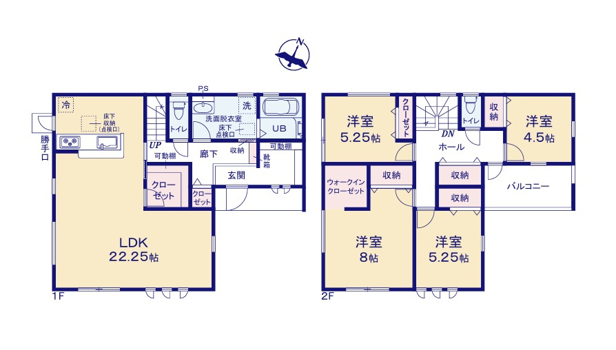 リーブルガーデン  水戸見川　12期　1の間取り|　
☆リビング広々約22帖。各部屋を最大限に広く使って頂けるよう、全居室と廊下に大容量の収納スペース付き。段差のないオールフローリング、全室明るい二面採光です！