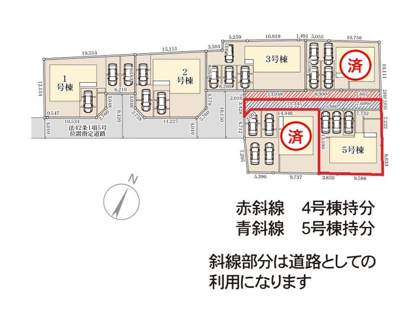 リーブルガーデン  水戸見川　12期　5の区画図|南東側道路で日当たり良好。駐車3台可能です。