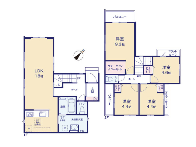 【間取り】 | 西東京市住吉町1丁目　新築一戸建住宅　全1棟　(保谷店) | 水回りがまとまり生活動線に配慮された間取り。
LDK18帖、主寝室9.3帖、WIC付きの広々とした設計です。