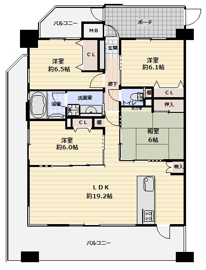■□フォレストコート春日町□■の間取り|建物面積90.12㎡(壁芯)27.3坪。
３面バルコニー35.85㎡。4LDK。