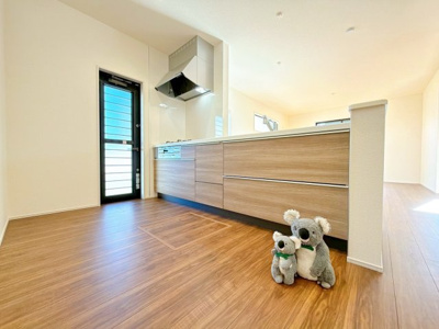 【キッチン】 | 渋川市行幸田　新築住宅 | キッチンには勝手口があり、ゴミ捨てや重い荷物の持ち運びがとても便利になります。
日常の家事がちょっと楽になるポイントです！