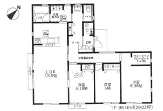 【間取り】 | 中央区田名  1号棟 11期 | 平屋建て　都市ガス　網戸標準仕様　シャッター6箇所付　Ｗロックカードキー（FamiLocK 電池式）　室内物干し　食洗機・浄水器　浴室乾燥機+窓・浴室TV　屋根洋瓦葺き　全居室収納　LDK18.5帖